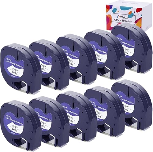 Hehua 91330 10697 Recambio de cinta para etiquetadora, 10 unidades, compatible con recambios Dymo de 0.472 in x 13.1 ft 12 x 13 papel negro sobre