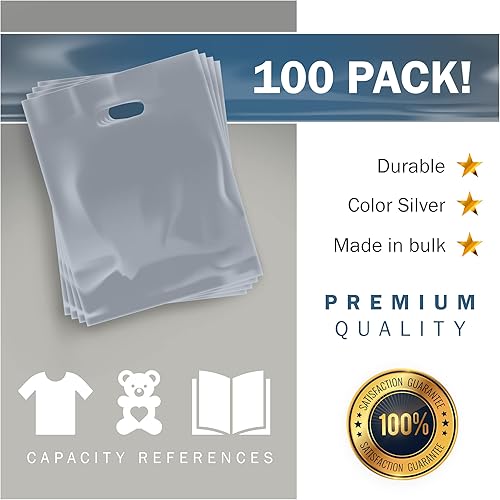 Miniatura 6 de Silver Merchandise - Bolsas de plástico para compras, paquete de 100 unidades de 12 x 18 pulgadas con 2 mil de grosor, asas troqueladas, perfectas