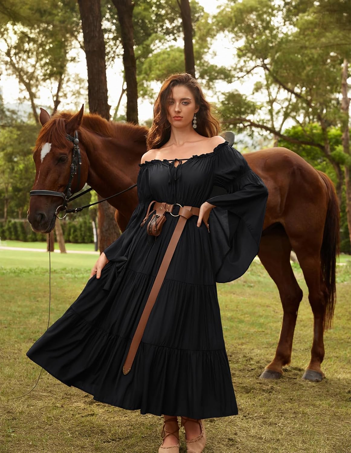 Scarlet Darkness Renaissance Costume Women Off Shoulder Bell Sleeve Tiered Maxi Dress - Image 2