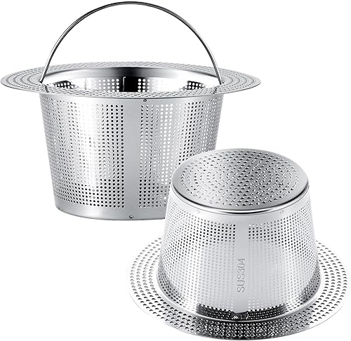 2 coladores de drenaje para fregadero de cocina, acero inoxidable 304 con mango portátil para drenaje estándar de 3-1/2 pulgadas, cesta grande de