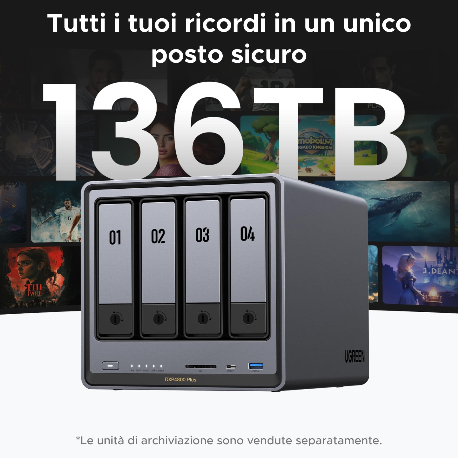 UGREEN NASync DXP4800 Plus, NAS desktop a 4 bay, CPU Intel Pentium Gold 8505 a 5 core, RAM DDR5 da 8 GB, SSD da 128 GB, 1 * 10 GbE, 1 * 2,5 GbE, 2 * slot M.2 NVMe, HDMI 4K (senza disco)