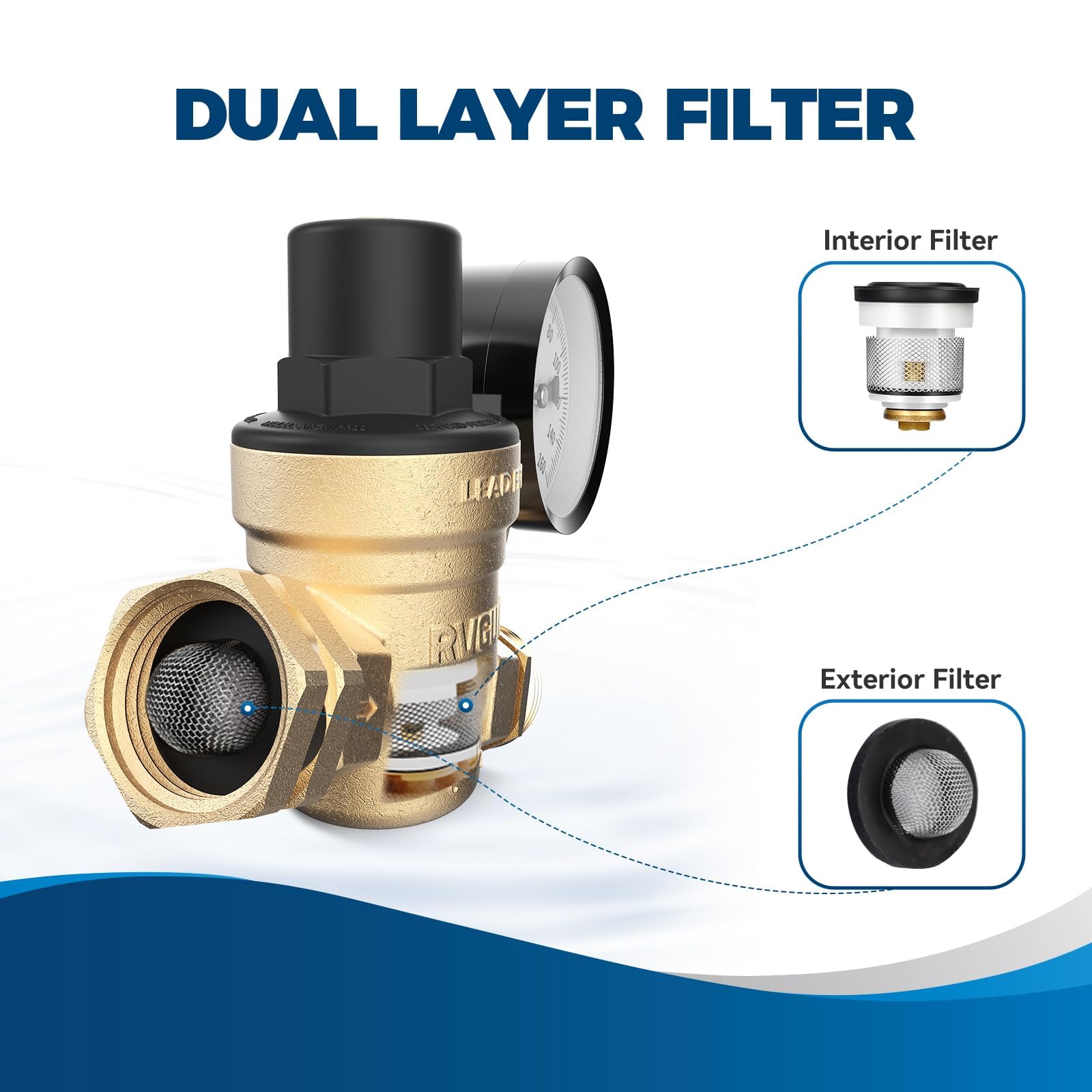 RVGUARD Válvula reguladora de presión de agua para RV, reductor de presión de agua ajustable sin plomo de latón con medidor y filtro de pantalla de entrada para caravana y remolque de viaje