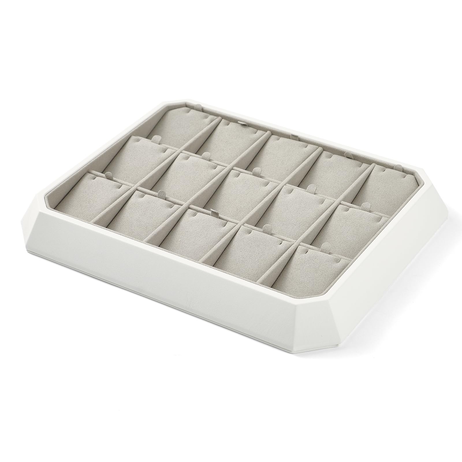 Plateau à bijoux en cuir synthétique blanc - Tiroir - Organisateur de bijoux - 15 compartiments - Présentoir à bijoux pour colliers et colliers