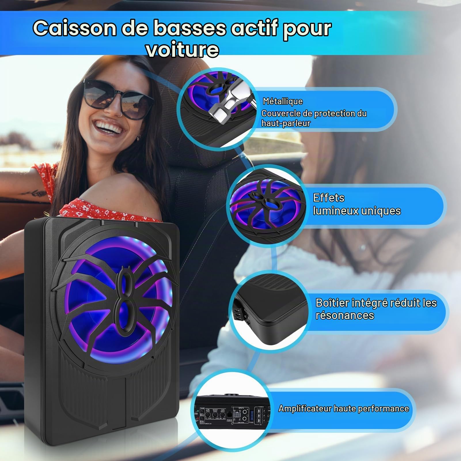 VINGVO Subwoofer Auto, 25,4 cm 800W Subwoofer Actif Pour Voiture, 2,6 Ohm Ultra Plat Sous-Siège Subwoofer Voiture Actif Avec Contrôleur Amplificateur Haut-Parleur Basse Véhicule Camion SUV