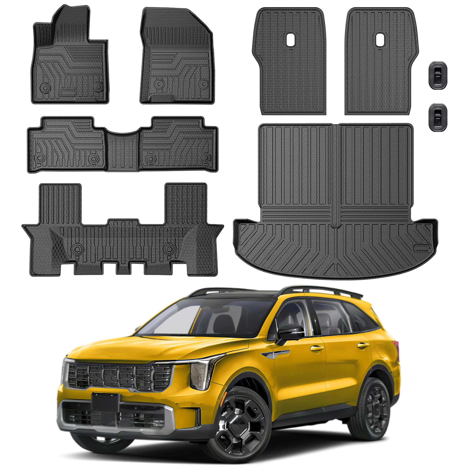 KUST Floor Mats Set for Kia Sorento 2021-2025 2026 (6 Seater, Not for Hybrid), All Weather Rear Trunk Cargo Liner with 2nd Row Back Seat Protector Full Set Car Mats Accessories TPE Rubber Raised Edge