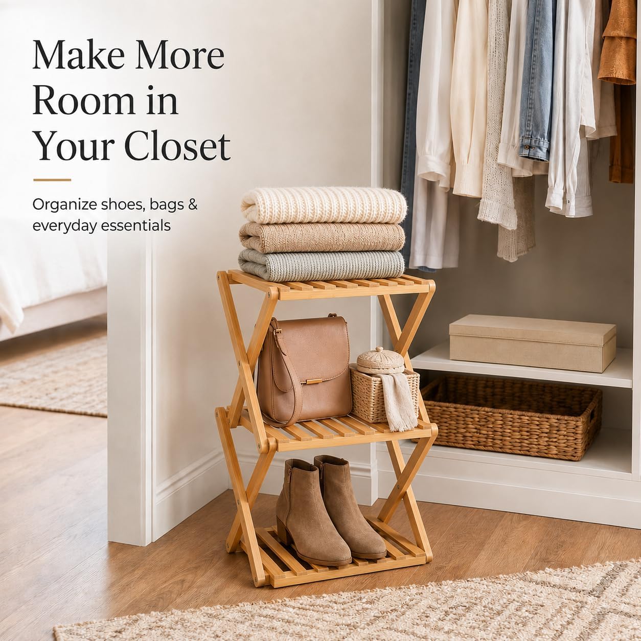 3-Tier Bamboo Folding Shelf, Multi-Purpose Storage Rack for Shoes, Plants, Camping Gear, Entryway, Closet, Bedroom, Hallway & Outdoor Use, Space-Saving Foldable Organizer
