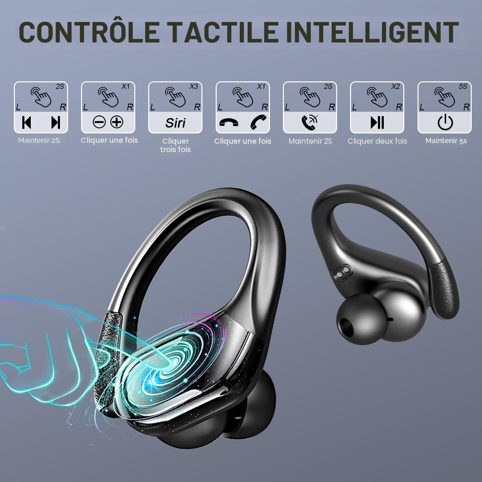 Ecouteurs Bluetooth 5.4 sans Fil Sport, 75Hrs Oreillette sans Fil avec 3D HiFi Stéréo, 4 ENC Réduction de Bruit Mics, IP7 Etanche, USB-C Charge Rapide Casque Running, Écran LED Earbuds Android iOS