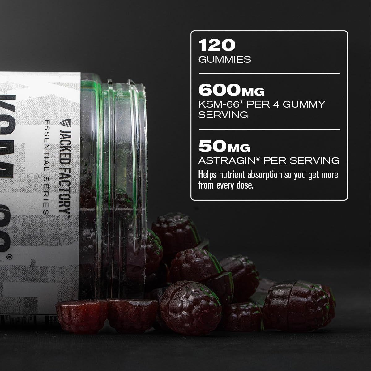 Jacked Factory Ashwagandha Gummies - KSM 66 Ashwagandha Gummies (600mg Per Serving) - Enhance Cognitive Function, Boost Mood, and Promote Hormonal Balance - 120 Gummies, Cherry Splash — Amazon image 5