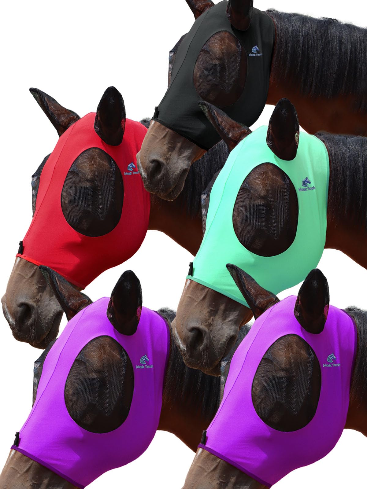 Mask Tech - Maschera antimosche per cavalli, confezione da 5, maschera elastica elastica con orecchie, rete morbida traspirante, spazio per gli occhi 3D e protezione UV, facile da infilare per