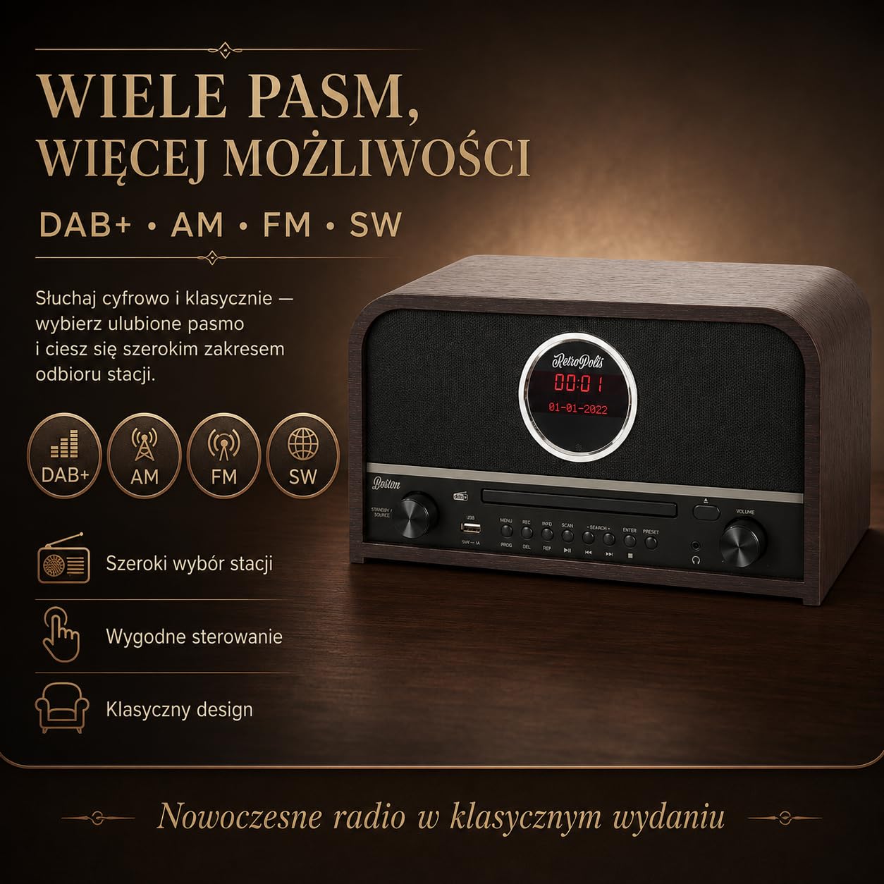 Radio DO SALONU BOSTON sieciowe AM/FM DAB+ CYFROWE USB-A BLUETOOTH CD LED
