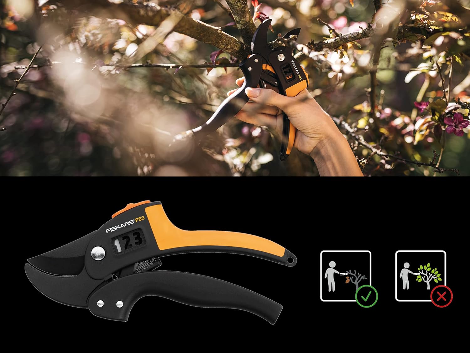 Fiskars PowerStep Pruner Anvil P83, Cutting diameter: 2.4 cm, Steel blades with non-stick coating, Length: 19 cm, Black/Orange, 1000575