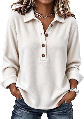 Polo Shirts for Women Long Sleeve Dressy Casual Henley Fleece Tops | Button Down, Cute Fall Tops, Loose Fit, Dressy Casual, Office Tops, Blouses, Winter Warm, Pullover Sweaters, Fashion Clothing