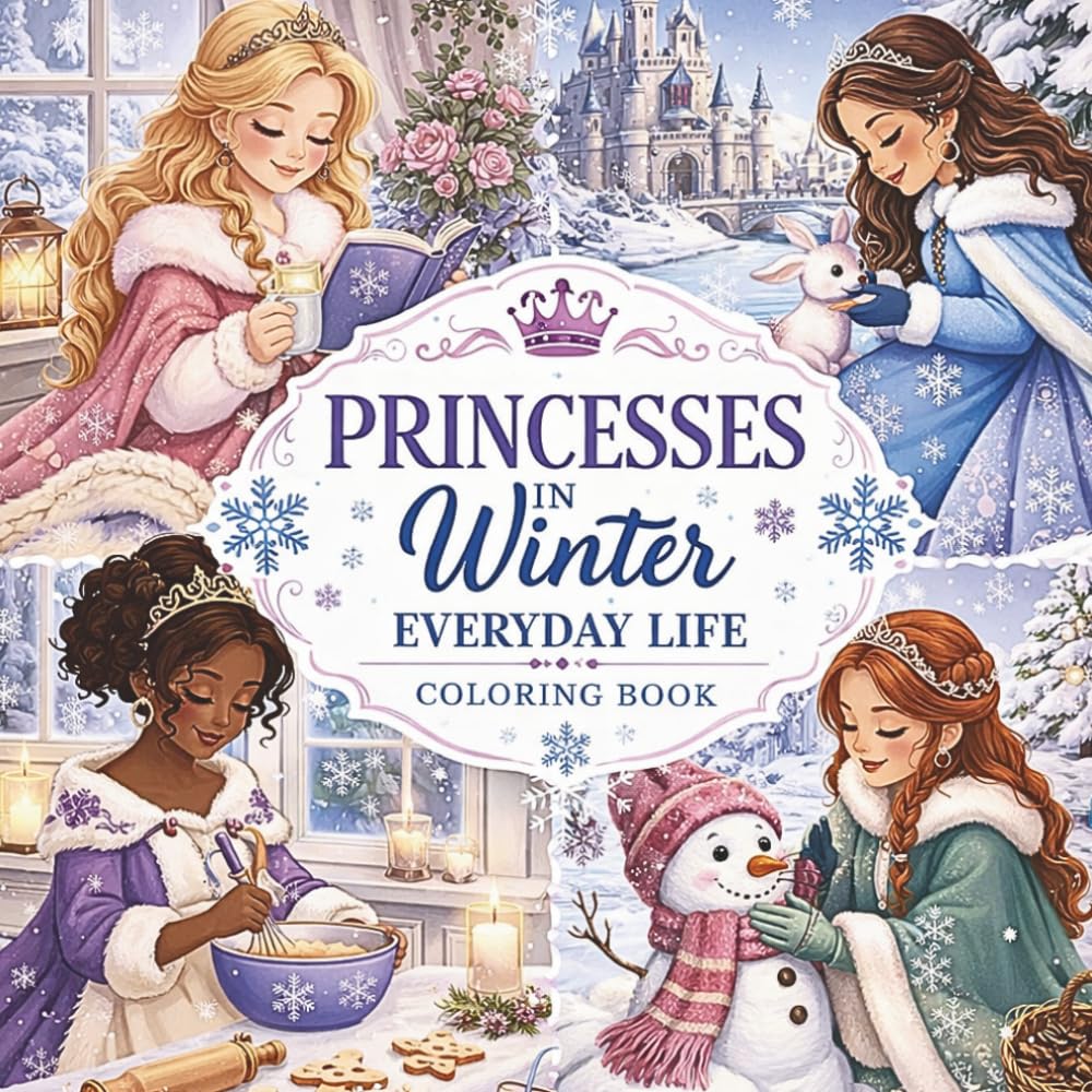 Winter Princess Coloring Book for Girls (50 Pages): A Magical Snowy Fantasy Adventure with Cute Princesses, Castles & Cozy Winter Scenes