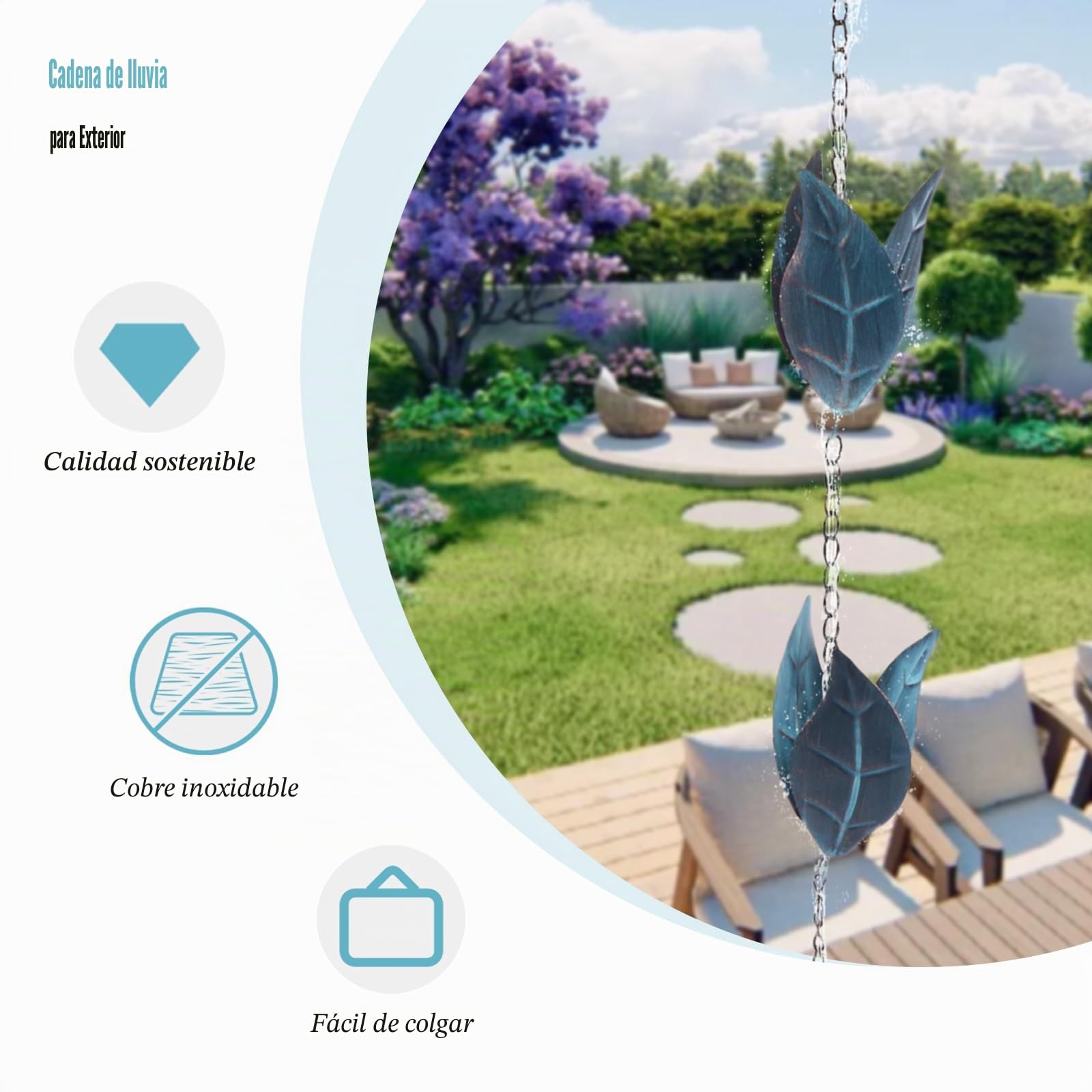 Tefola 2.6m Cadena de Lluvia para Canalones, Cadena de Lluvia, Cadena de Lluvia para Canalones, Cadena Meteorológica Retro en Forma de Hoja de Hierro Azul para Colgar en Balcones, Tejados, Jardines