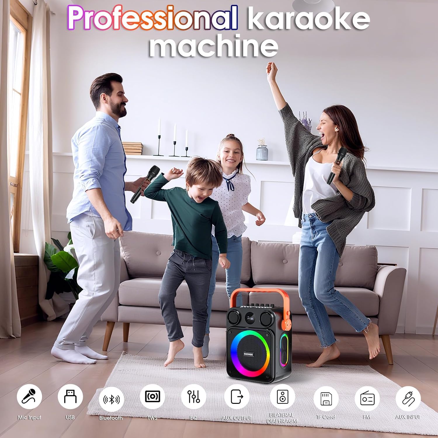 Karaoke-Maschine für Erwachsene, tragbarer Bluetooth-Karaoke-Lautsprecher mit zwei kabellosen Mikrofonen, 3,7-V-Lautsprecher, unterstützt TWS, TF-Karte/USB, AUX-Eingang, REC, Bass und Höhen für