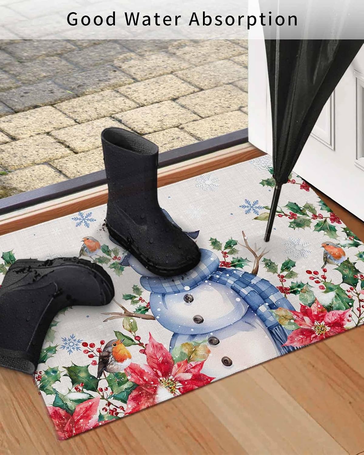 Savannan Floor Mats,Christmas Snowman Snowflake Robin Holly Poinsettia Scarf Winter Non Slip Latex Backing Ultrathin Loop Pile Door Rugs for Dining Room Office Home Decor 20"x32"
