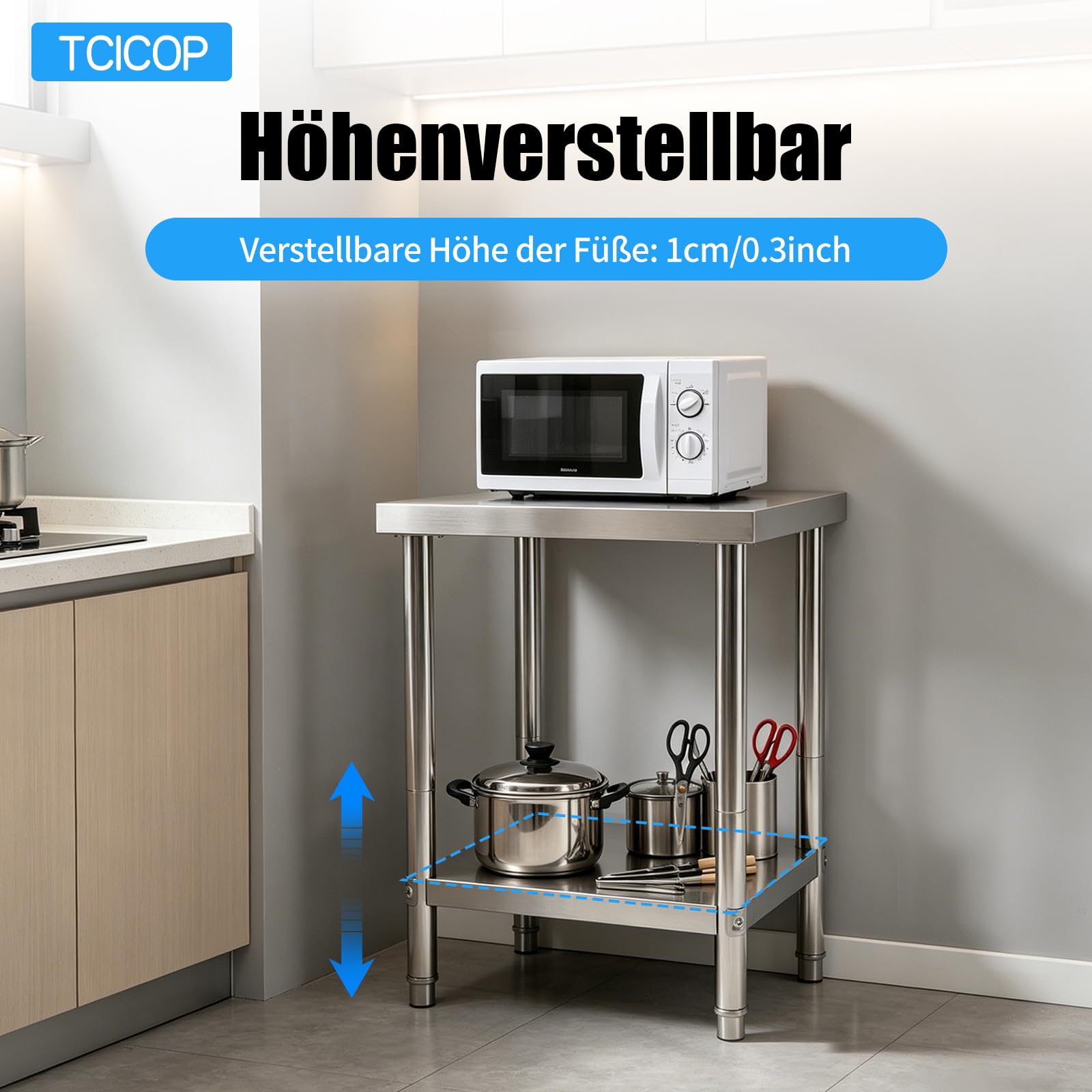 Mesa de trabajo de acero inoxidable, 60 x 60 x 80 cm, mesa de acero inoxidable, capacidad de carga de 400 kg, mesa de trabajo con suela ajustable para cocina, mesa de metal, adecuada para