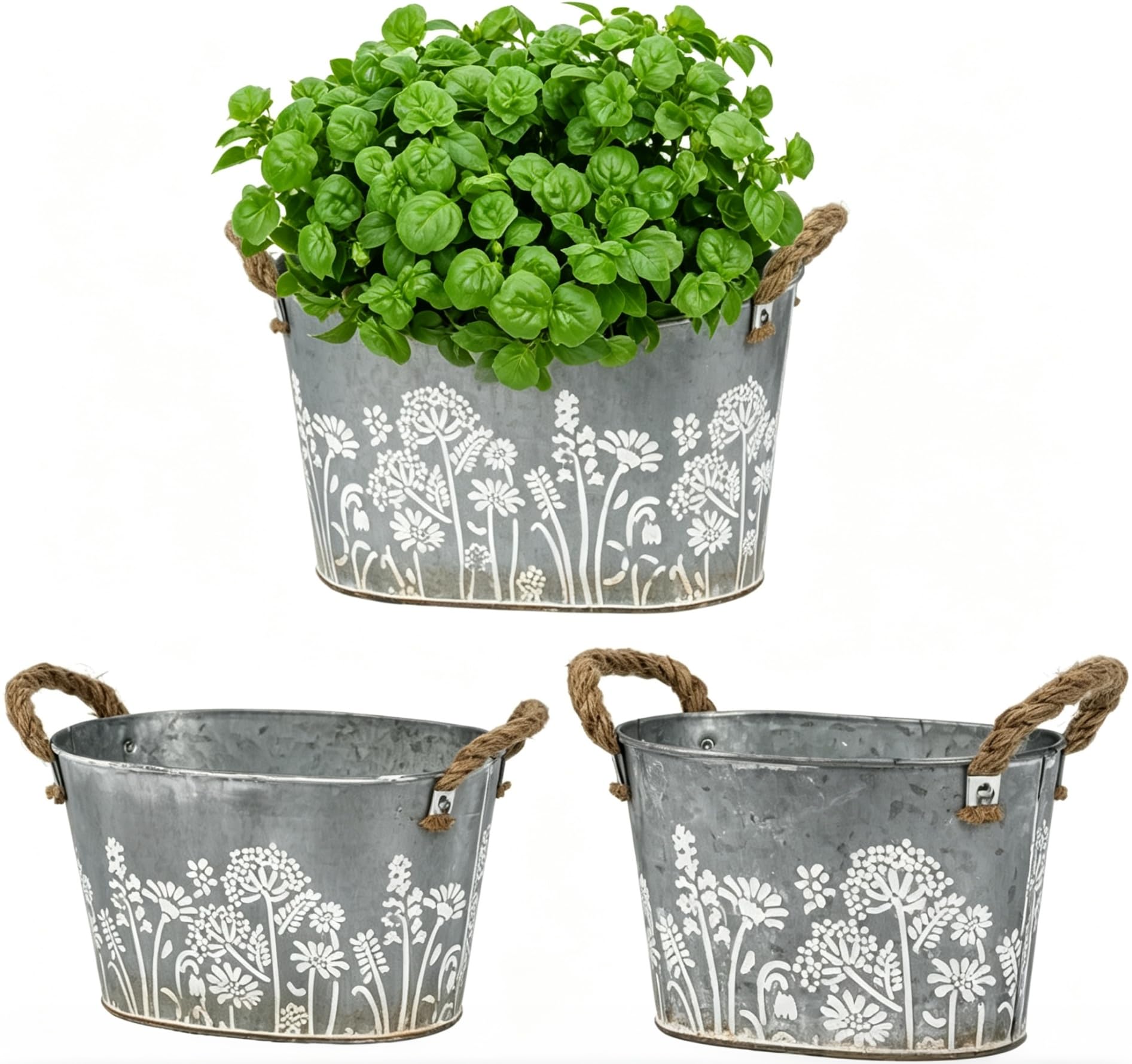 JUJOYBD Metall Übertöpfe 3er Set, 19/22,5/26 cm Kräutertopf für Küche | Deko Zinkwanne, Blumenmotiv, Jutegriffe, Pflanzentöpfe wetterfest für Innen & Außen Wohnbereich Balkon & Garten