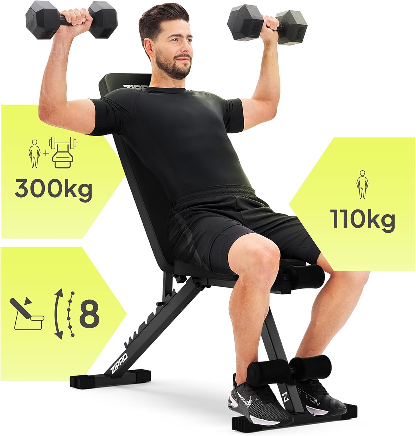 Man performing dumbbell presses on the ZIPRO Stride adjustable weight bench