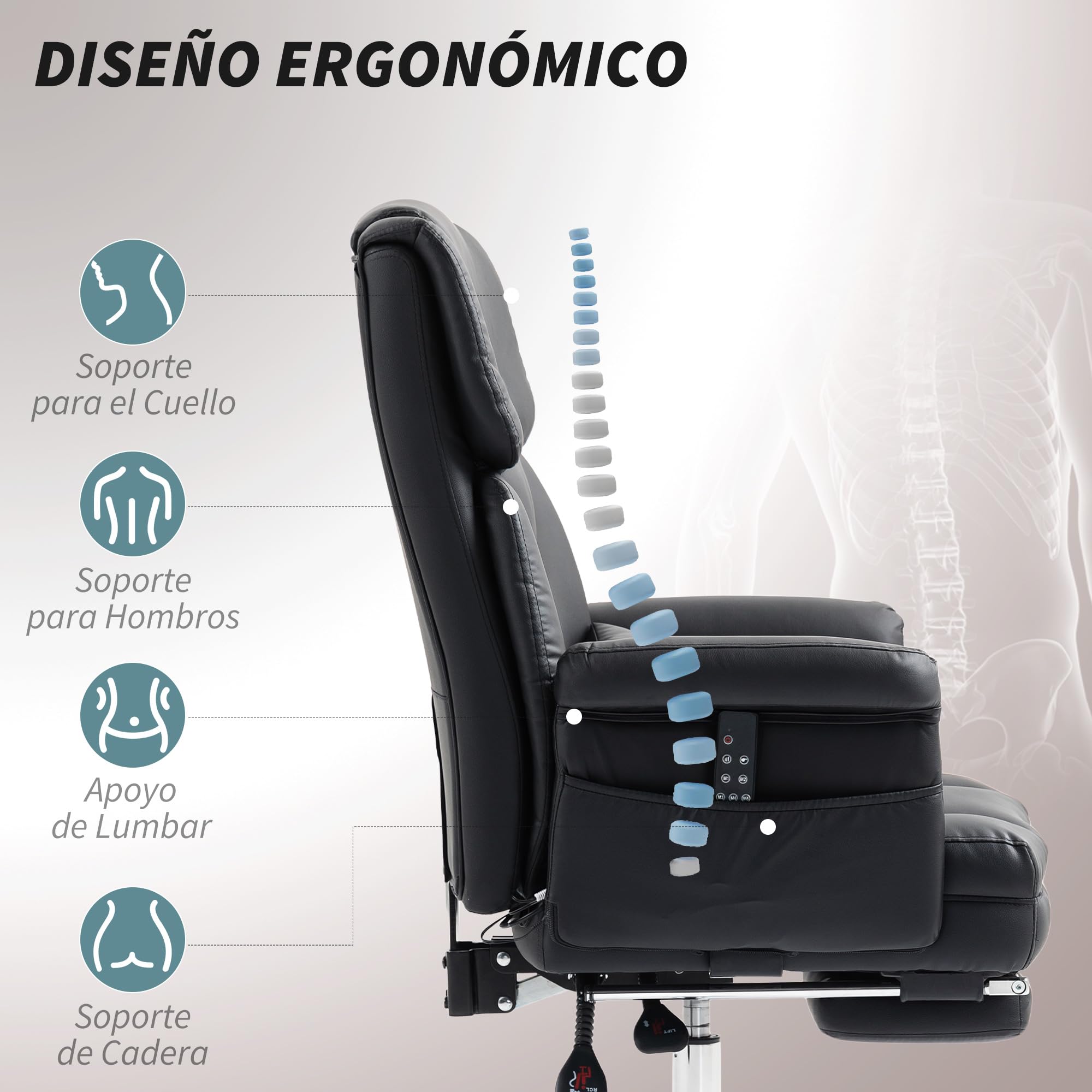 HOMCOM Silla de Oficina de PU 6 Puntos de Masaje Vibratorio Negro | Silla de Escritorio Giratoria Ergonómica, Reposapiés Retráctil, Altura Ajustable, Control Remoto, Soporte Lumbar