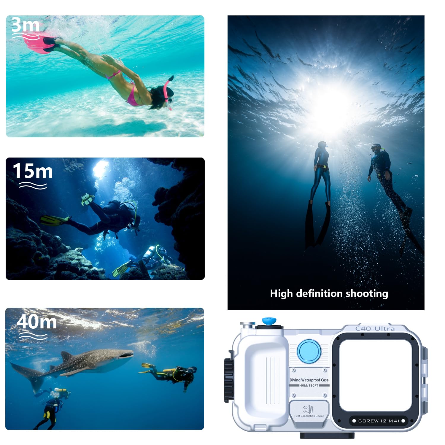 Custodia impermeabile per telefono, custodia subacquea per snorkeling e immersioni, [40 m), custodia professionale per immersioni subacquee, custodia impermeabile per la maggior parte dei video