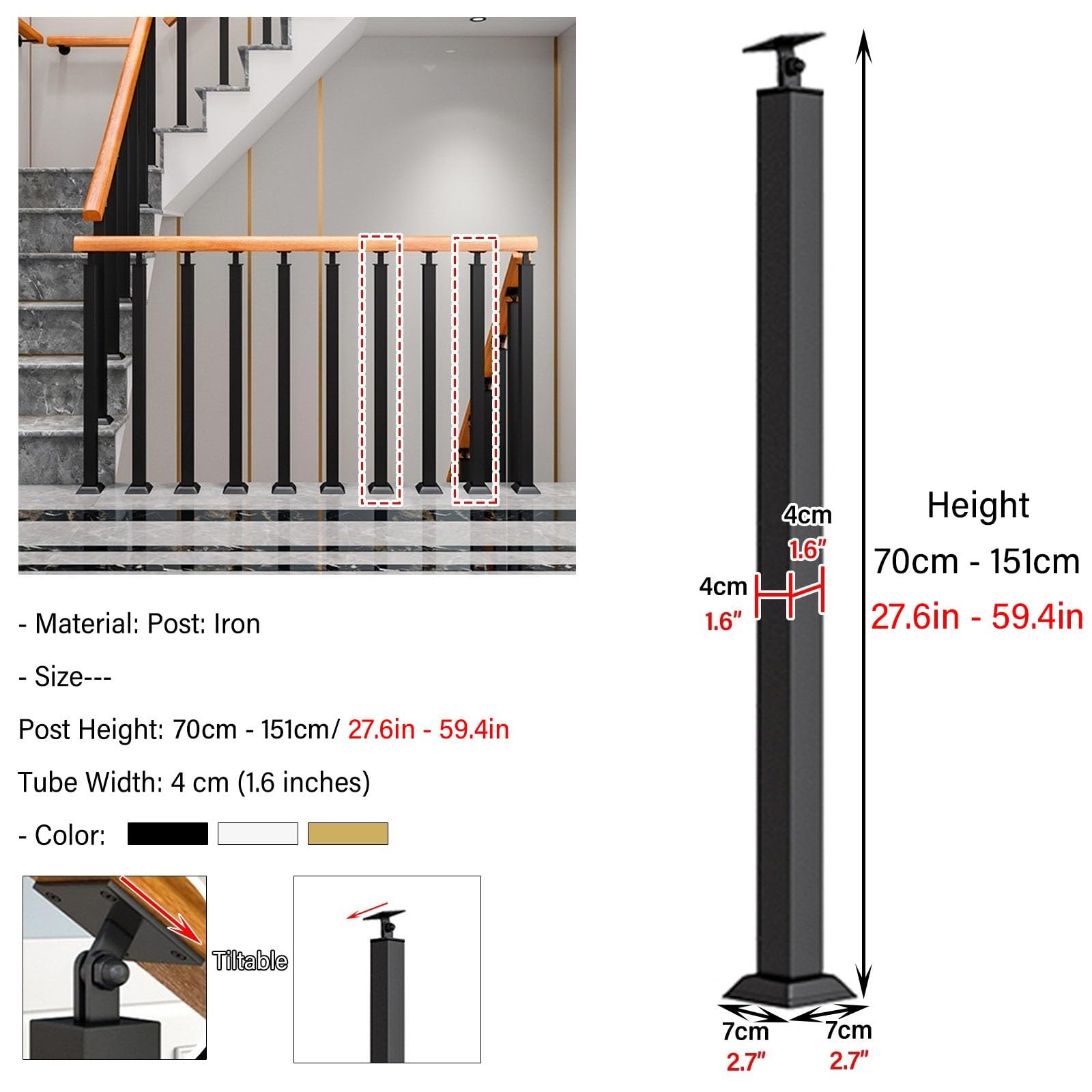Poste de barandilla de metal ajustable para uso en interiores y exteriores, paquete de 2 columnas de 121 cm de altura para patios, terrazas y soluciones de seguridad