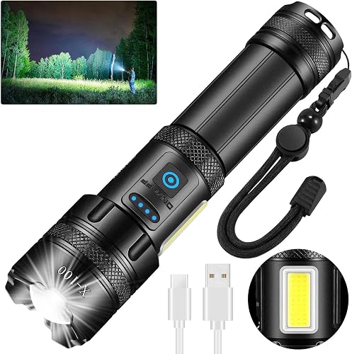 Jayxinli Lampe Torche LED Ultra Puissante - 1000000 Lumens de Poche Rechargeable Étanche IPX7 7 Modes D'éclairage avec Lumière COB pour Camping Randonnée et Urgences