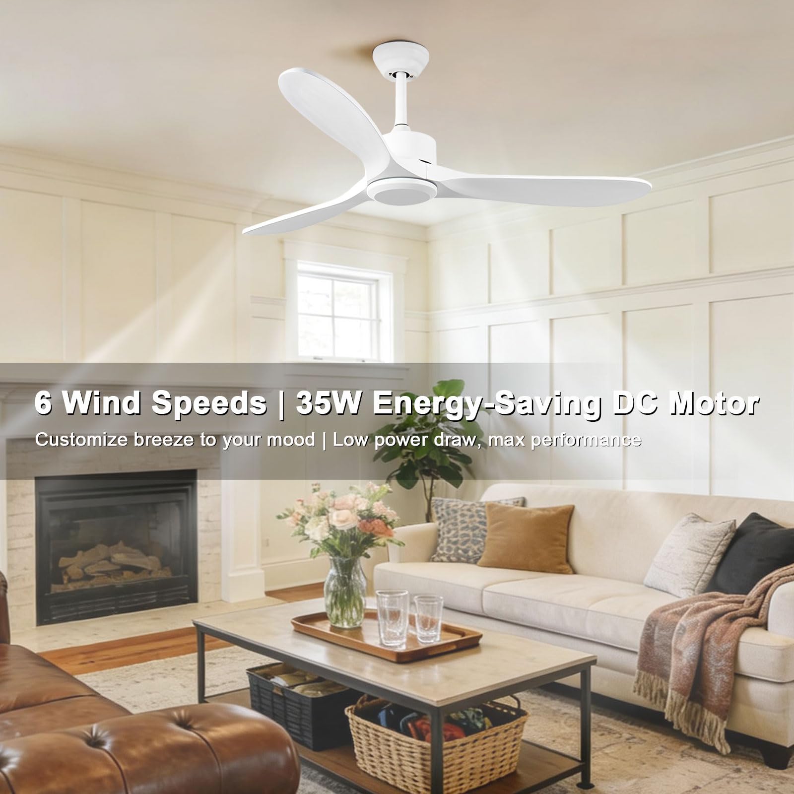 Ventilador de Techo Moderno de Madera sin Luces, Ventiladores Inteligentes con Control Remoto/aplicación/Voz, 6 velocidades, Perfil bajo, silencioso, sin luz, para Dormitorio/casa