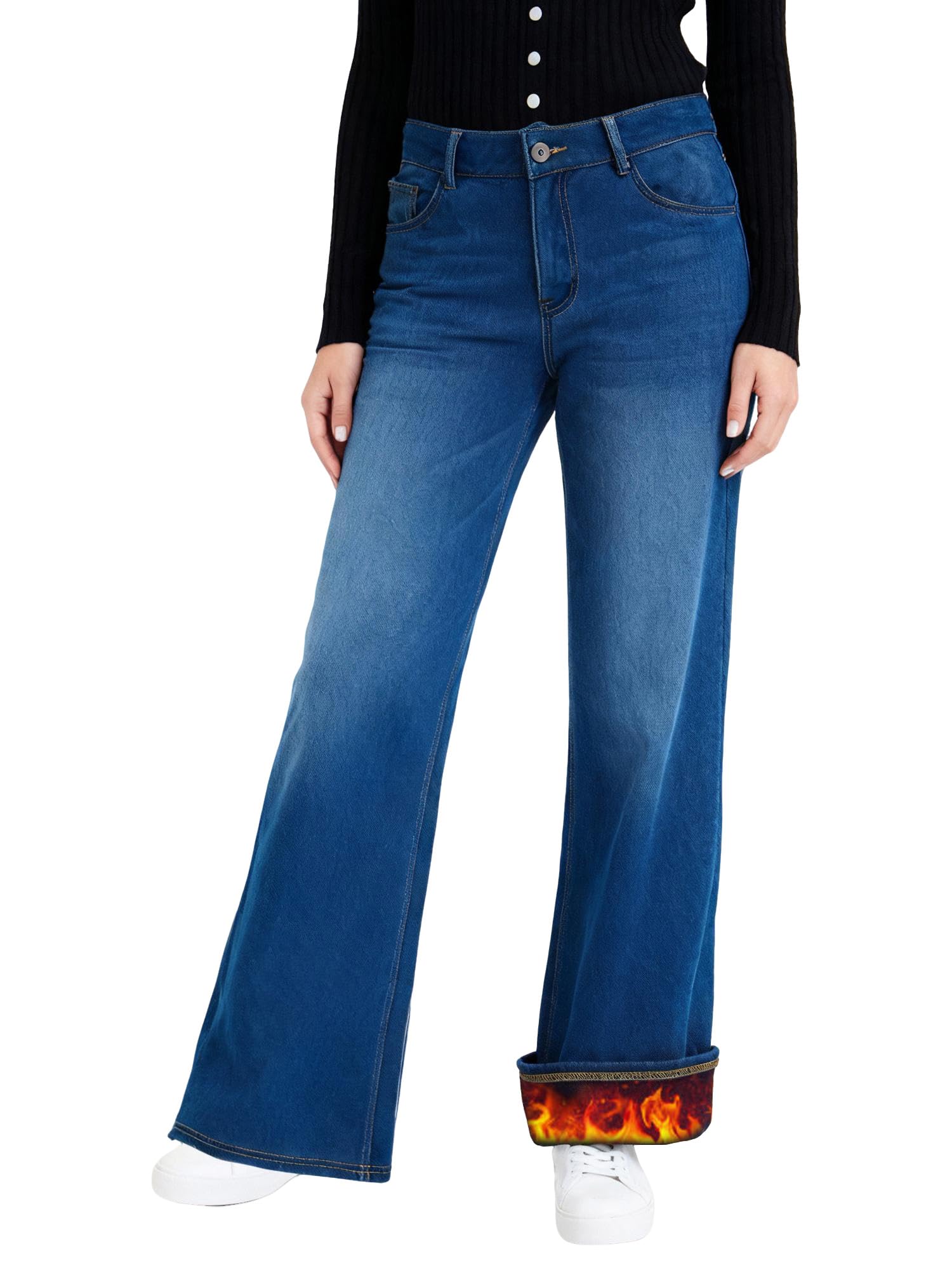 LaiEr Jeans à Jambe Large pour Femmes,avec Design Classique de Devant à Bouton et Fermeture éclair,Coupe Ample,Pantalon en Denim à Haute élasticité adapté