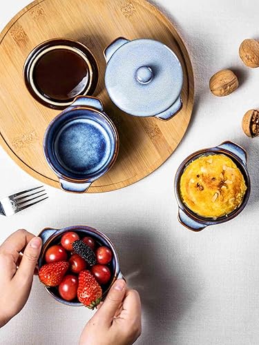 Miniatura 3 de Henten Home Ramequines de cerámica de 8 onzas con tapa, mini cocotte de porcelana con asa, juego de 4, cazuelas de esmalte reactivo para hornear,