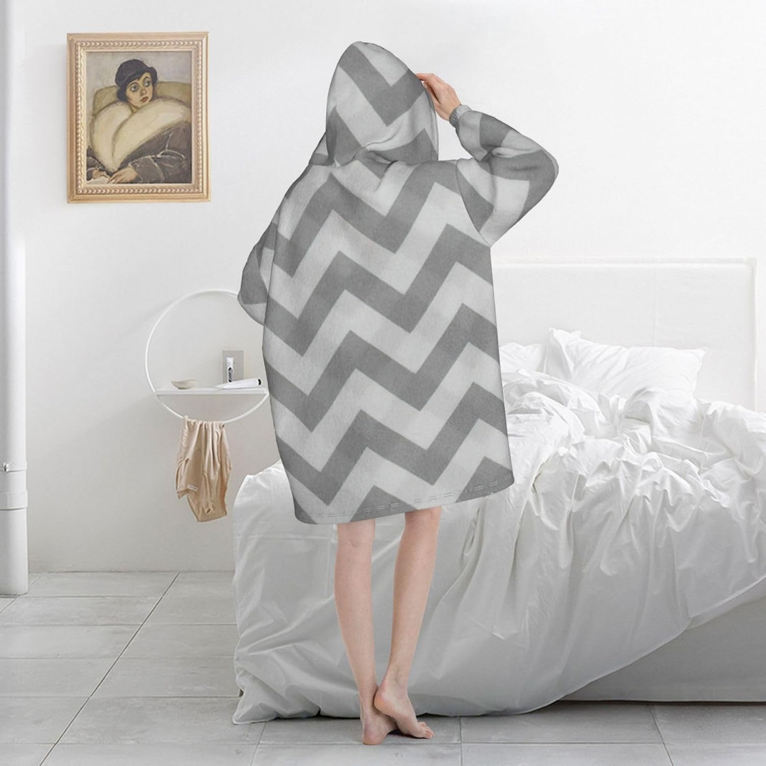 Gray Wave Stripeprint Oversized Hoodie Blanket, Super Soft Warm Comfortable Hoodie, Wearable Blanket Adult