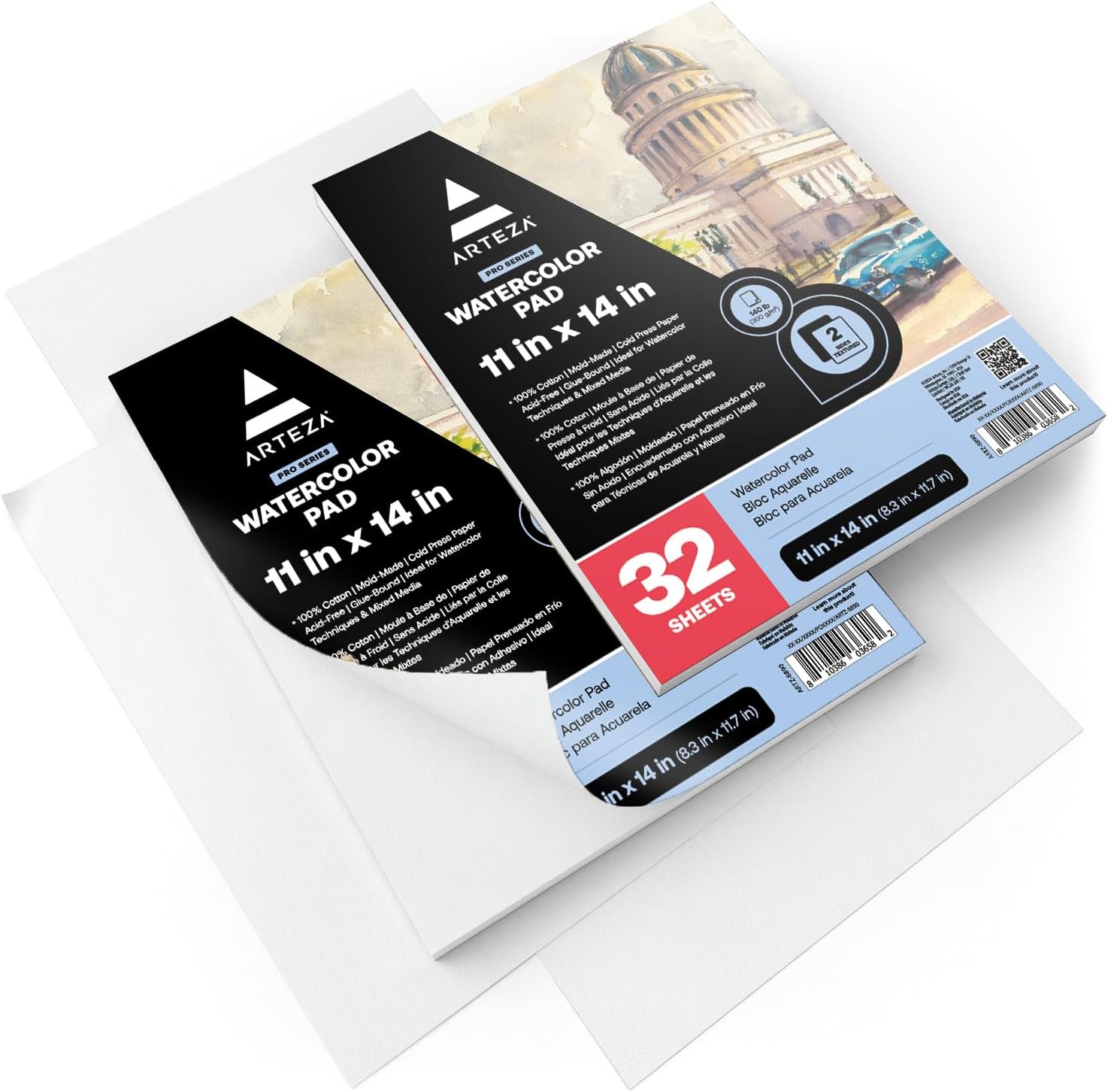 ARTEZA Watercolor Paper, Pack of 2, 32 Sheets Each, 11x14 Inches Watercolor Sketchbook, 140lb/300gsm, Cold Press, Acid Free Art Paper