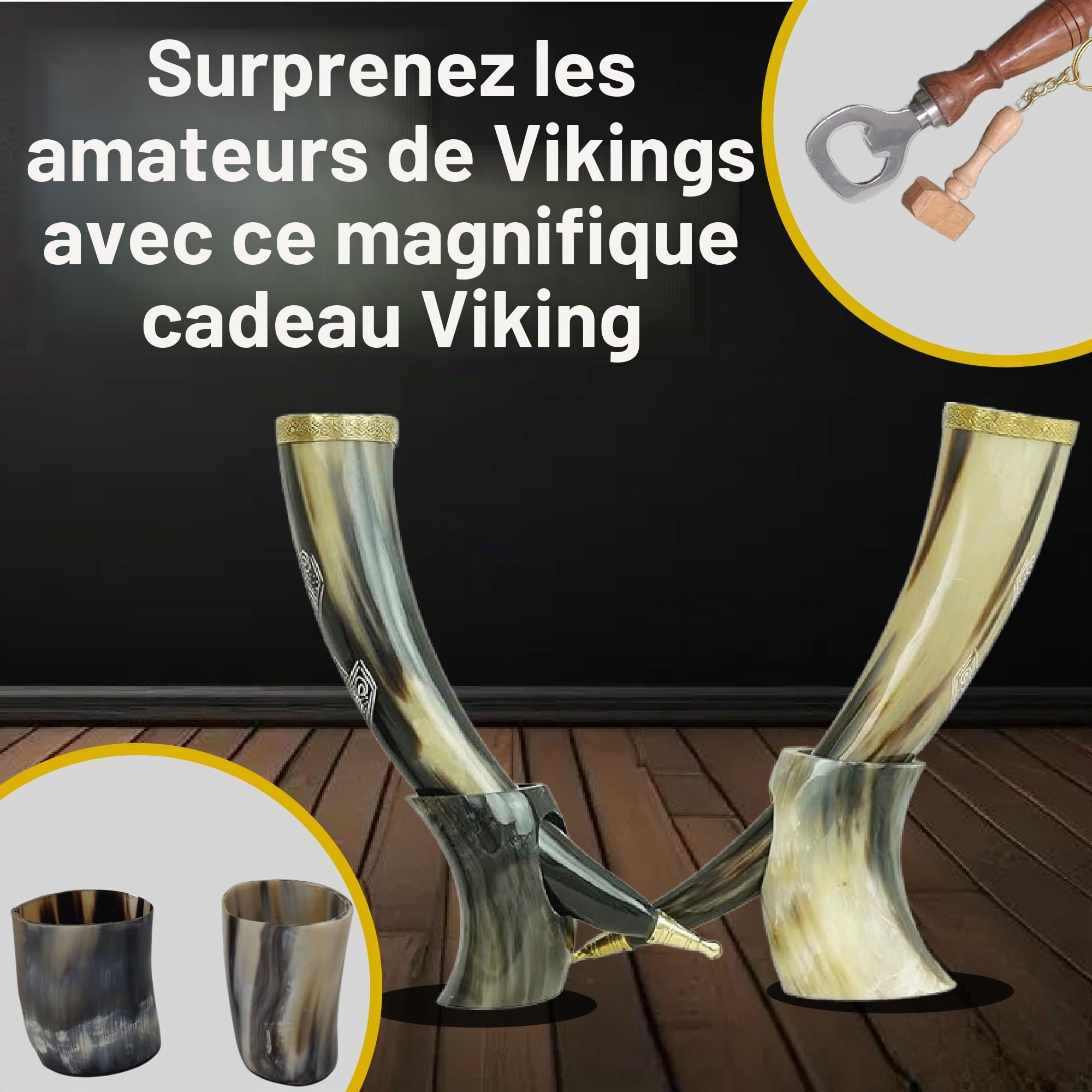 Viking Corne de bœuf | Chope | Tasse | Tasse pour bière, hydromel, vin, verre à liqueur, décapsuleur | 100 % sans fuite | Naturel et fait à la main | Offres combinées (2 cornes)