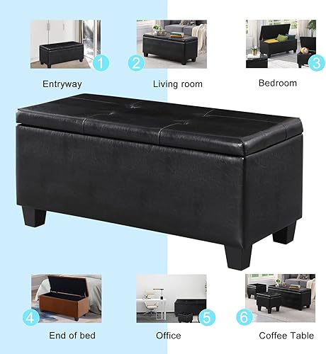 Miniatura 9 de Juego de otomana de almacenamiento y 2 reposapiés, banco tapizado capitoné de 38 pulgadas con asiento, taburetes otomanos rectangulares, parte