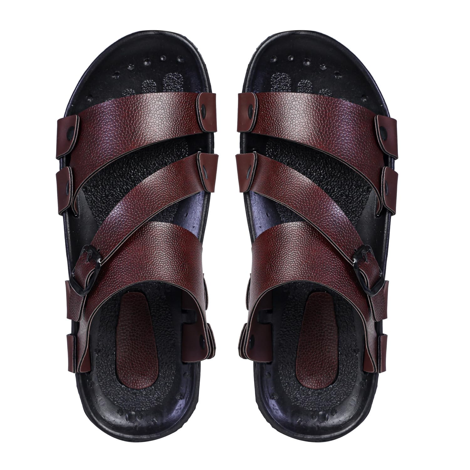 Men's Leather Cross-Strap Sandals, Buckle Closure, Black-image-15