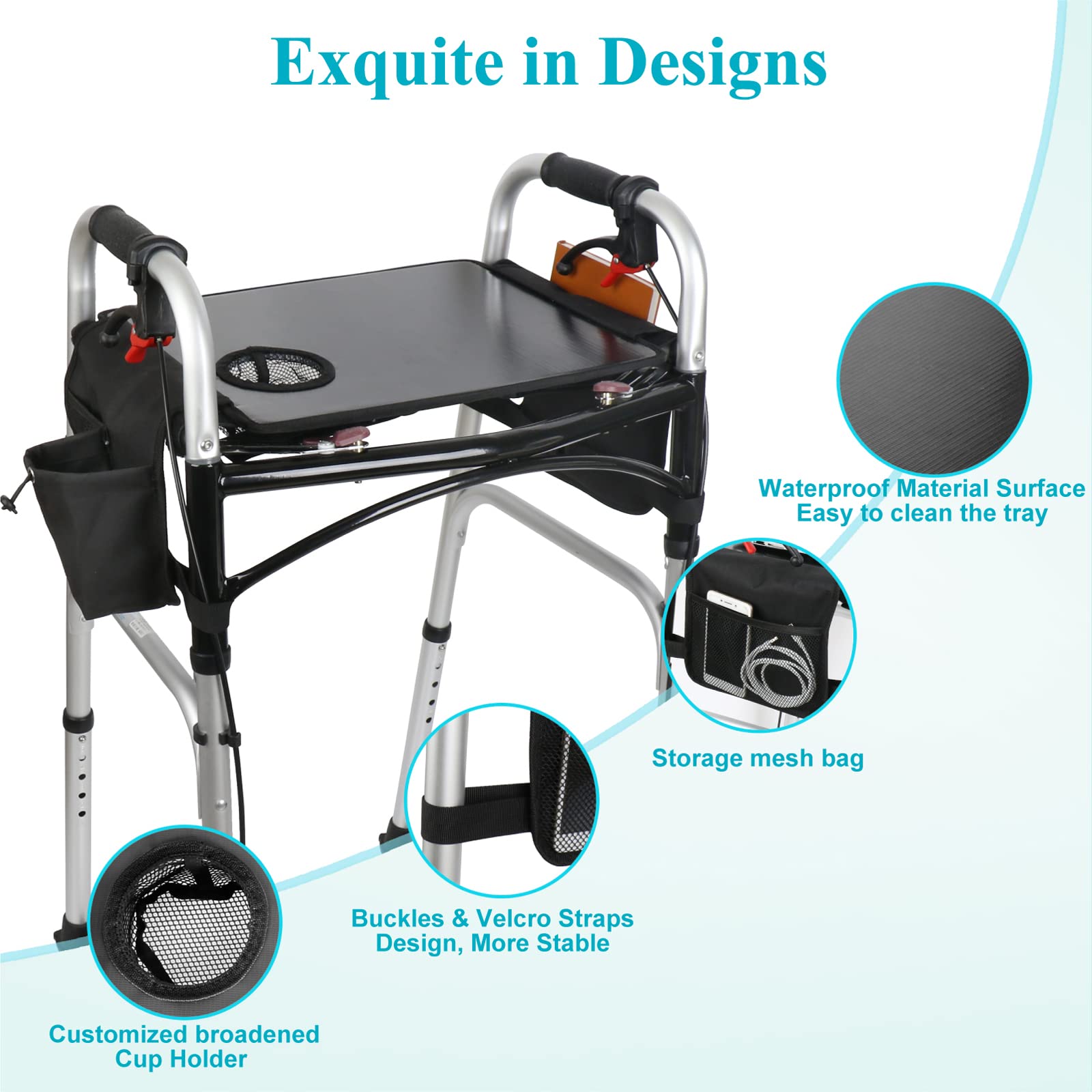 Dotday Bandeja para andador con bolsillos de malla, mesa universal con portavasos para andador plegable estándar, accesorios para andador de movilidad, bandeja para andador, equipo médico para