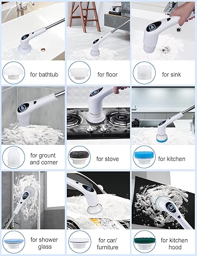 Miniatura 4 de HWTONG Limpiador eléctrico giratorio, limpiador de ducha inalámbrico con 3 velocidades 430 RPM, cepillo de limpieza de baño de 1.4 horas con 9