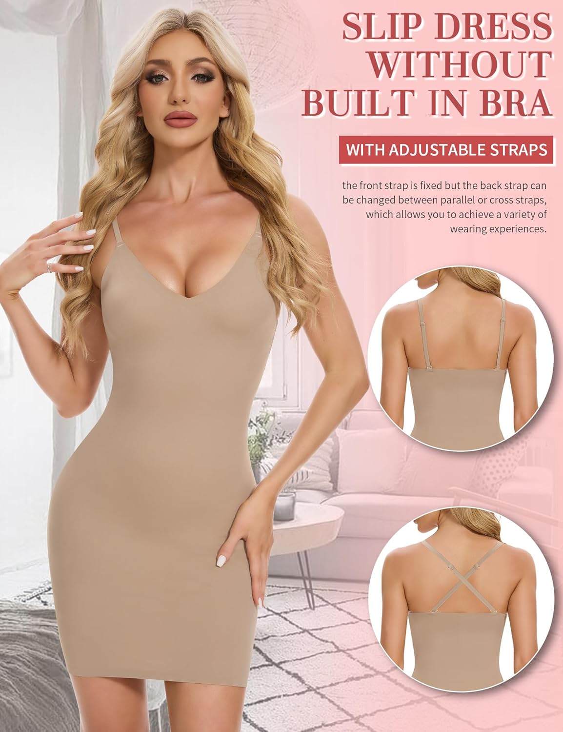 SLIMBELLE Shapewear Slips For Under Dress Deep V Neck Adjustable Strap Tummy Control Full Slip Seamless Shaper For Women - Image 3