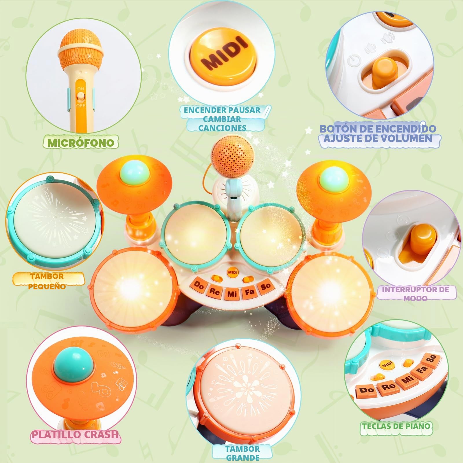 Bateria Juguetes Niños 1 Año-Tambor Infantil Regalo Bebe 1 Año Instrumentos Musicales Infantiles Bateria niños con Micrófono de Sonido Juegos para Niños de 1 Años Pascua Regalo Niña
