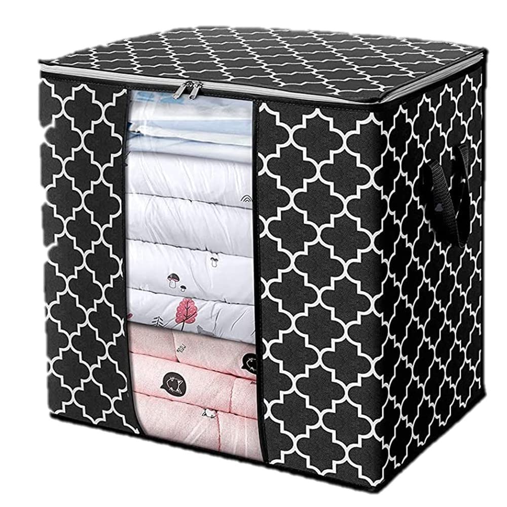 KIKA HOMS Moroccon Print Storage Bags [1 Pack/100L] Large Blanket Clothes Organization and Storage Containers for Comforters,Bedding, Foldable Organizer, Black
