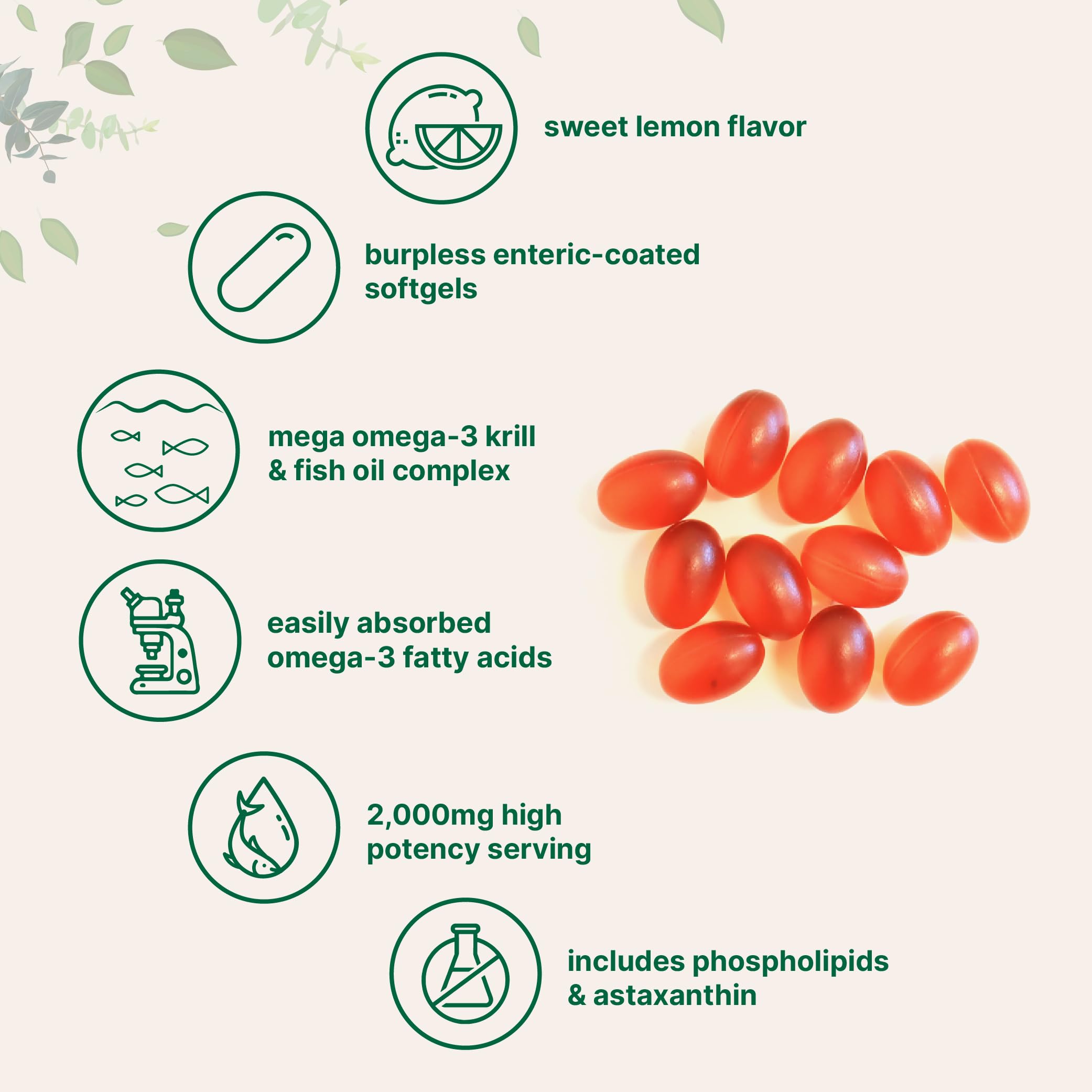 Mega Omega-3 Krill & Fish Oil 2,000mg Equivalent, 240 Softgels | Lemon Flavored | Burpless | Essential Fatty Acids & Astaxanthin | EPA 350mg + DHA 230mg | Heart & Brain Supplement — Amazon image 3