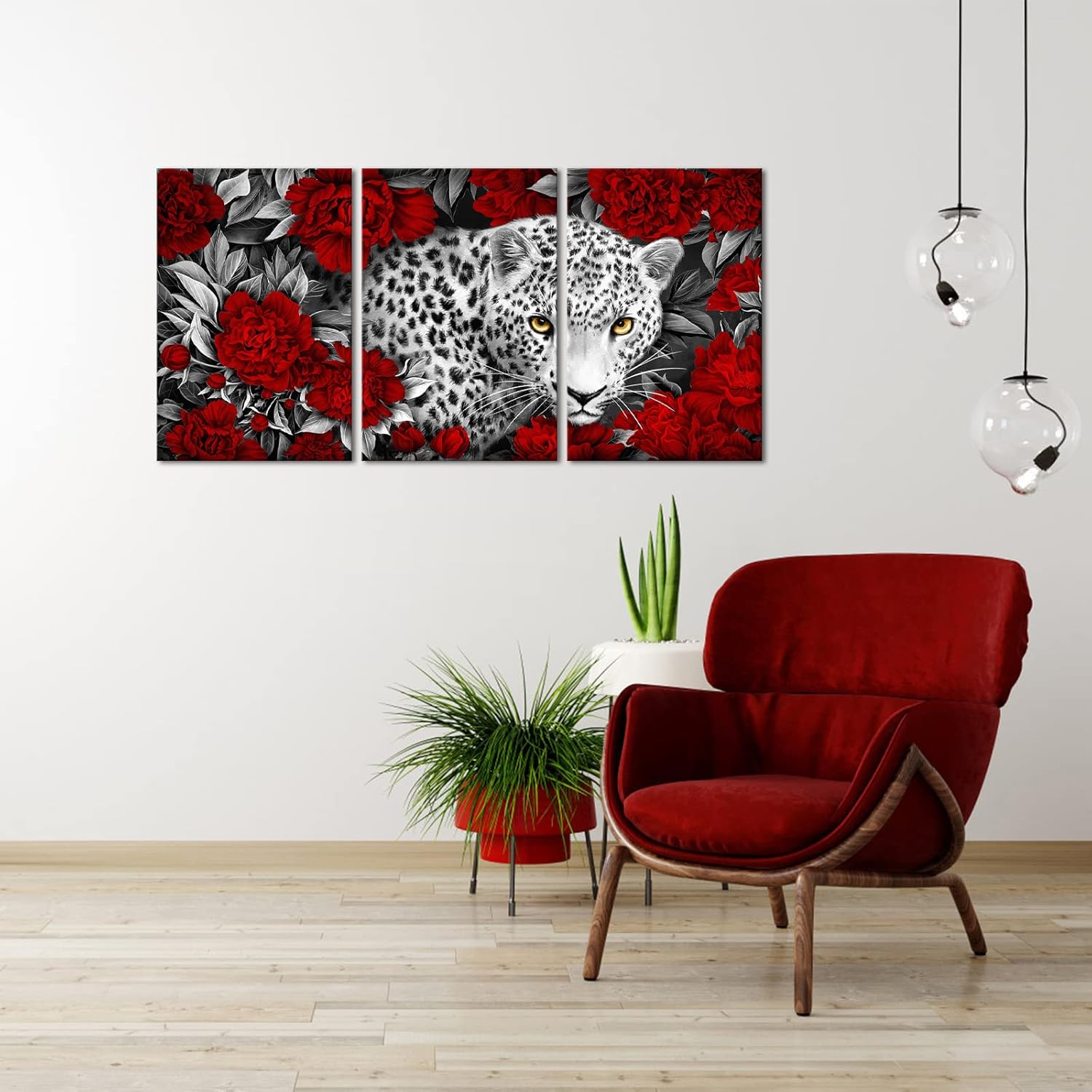 Kalormore 3 Pieces Wildlife Animal Canvas Wall Art Black and White Burgundy Red Leopard with Yellow Eyes in Blossom Poeny Flowers Painting Picture Framed and Stretched Artwork for Modern Living Room