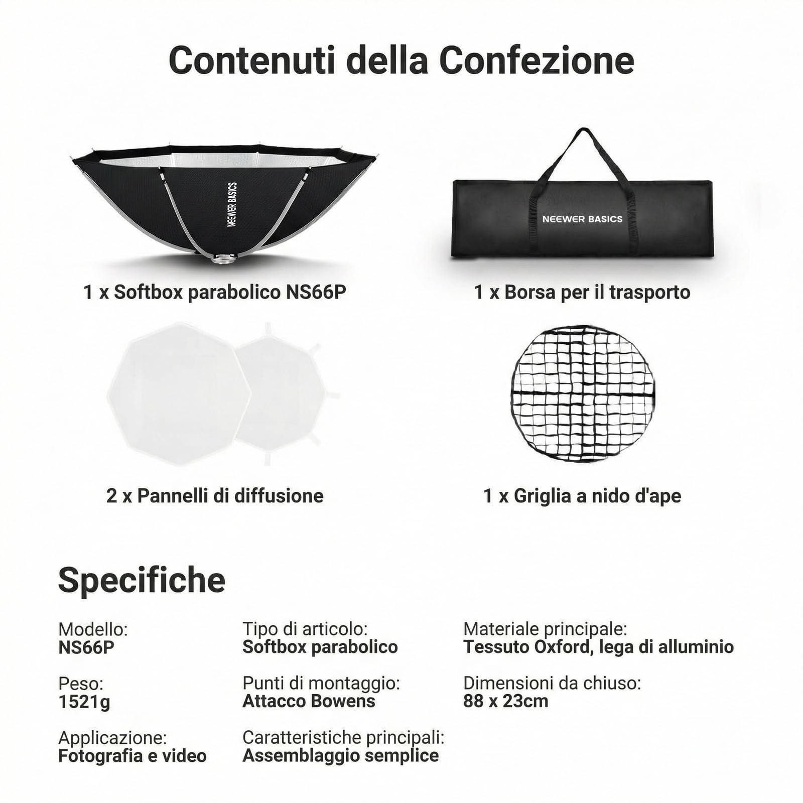 NEEWER BASICS Softbox Ottagonale, Set di Soft Box Bowens a Sgancio Rapido da 120cm con Griglia, Compatibile con Aputure 150c Compatibile con Godox SL60w, per FS300C FS150B HB80C CB200C Q6, NS66P