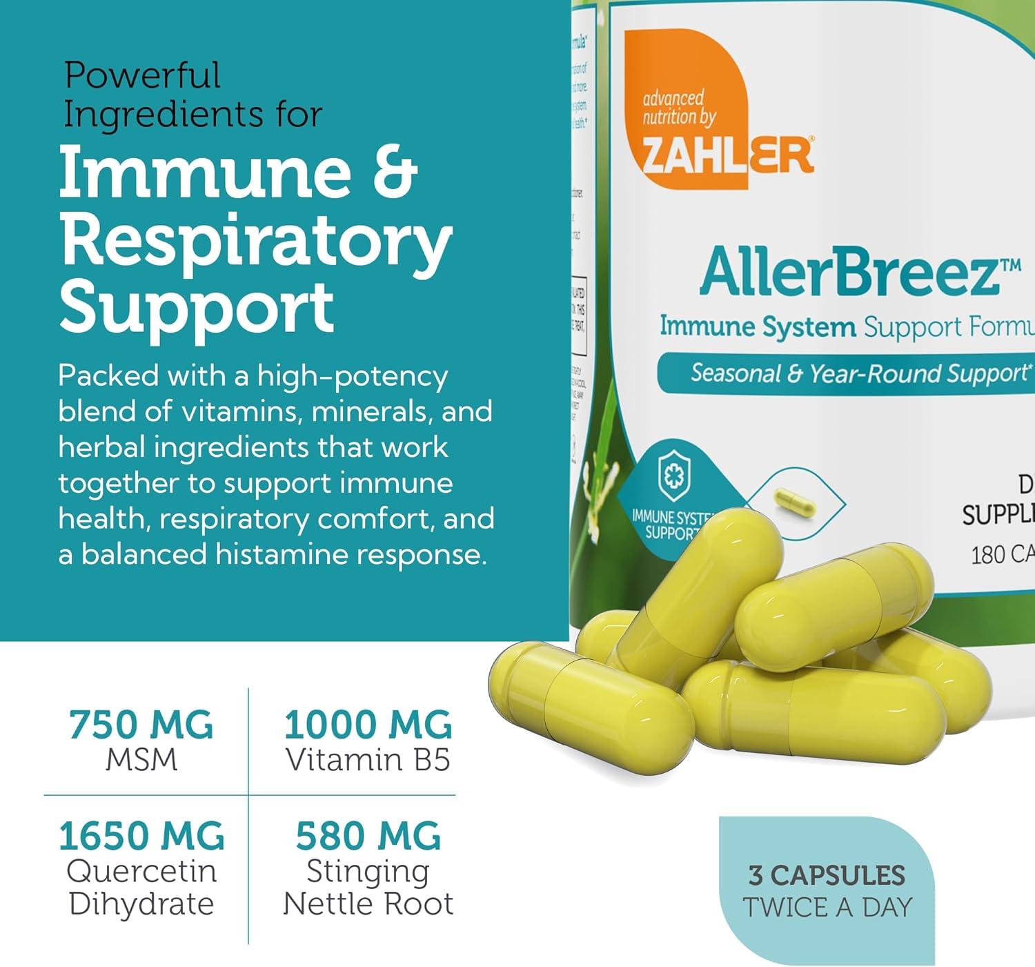 Zahler AllerBreez, Advanced Formula for Allergy Relief, Helps Reduce Seasonal Discomfort and Histamine Control Supplement, SupportsmHealthy Immunity, Certified Kosher, 180 Capsules