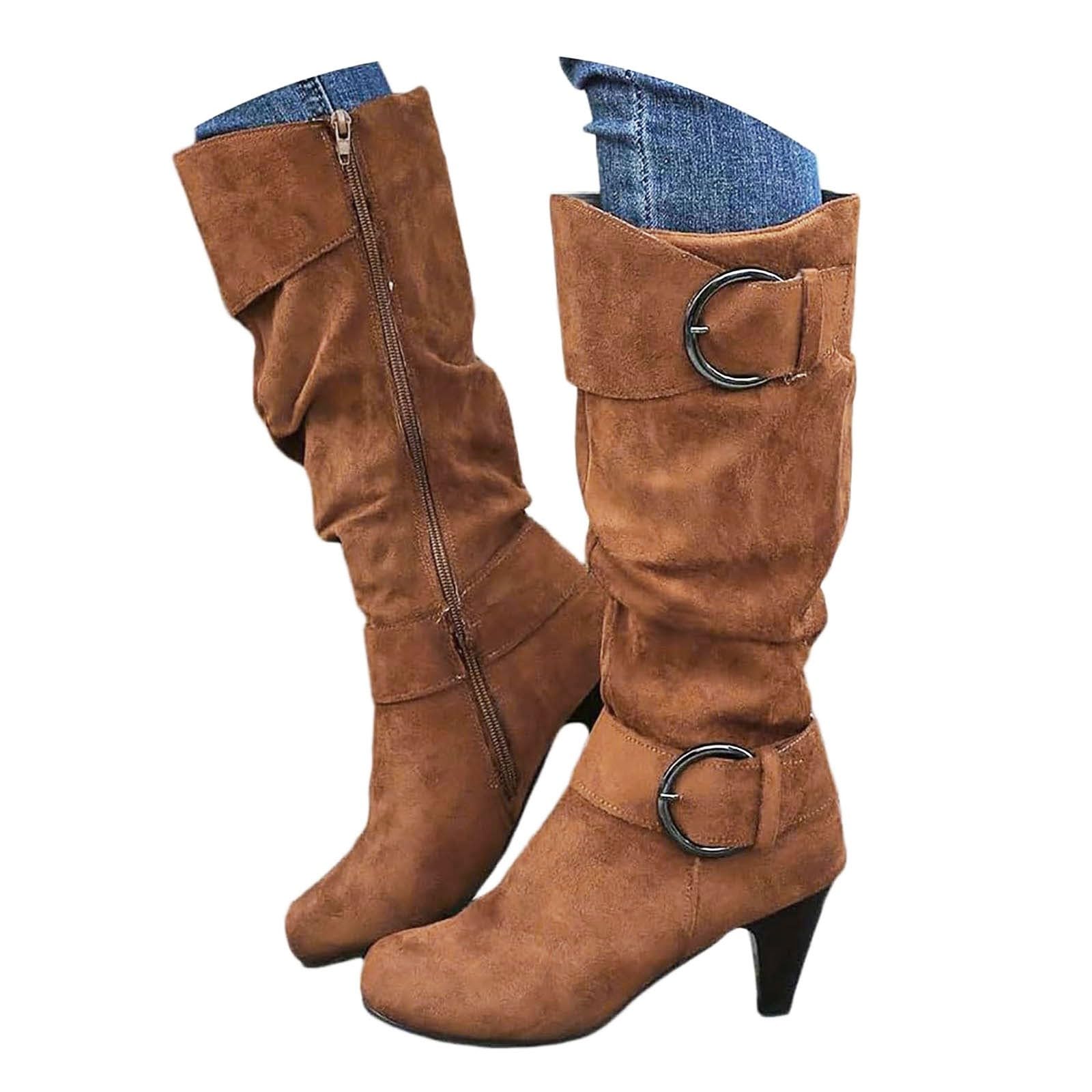 Womens Mid Calf Slouchy Boots Pointed Toe Heeled Knee High Boots Metal uckle Western Cowboy Booties For Women