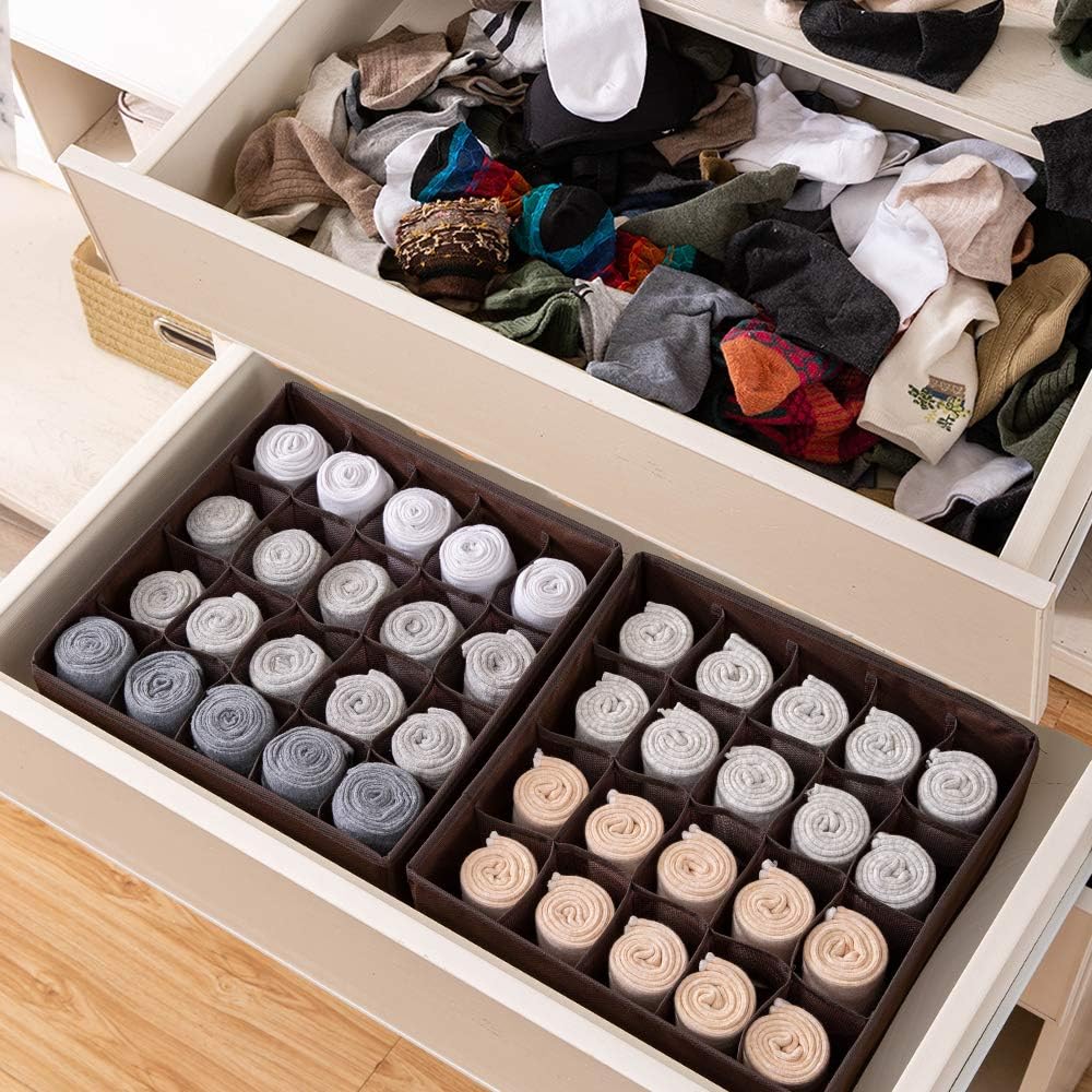 Wanapure 2 Pack Collapsible Sock Organizer Drawer Divider, 20 Cell Closet Cabinet Drawer Dividers, Foldable Storage Boxes Bins Case for Storing Socks, Lingeries, Stockings, Underwear (Brown)