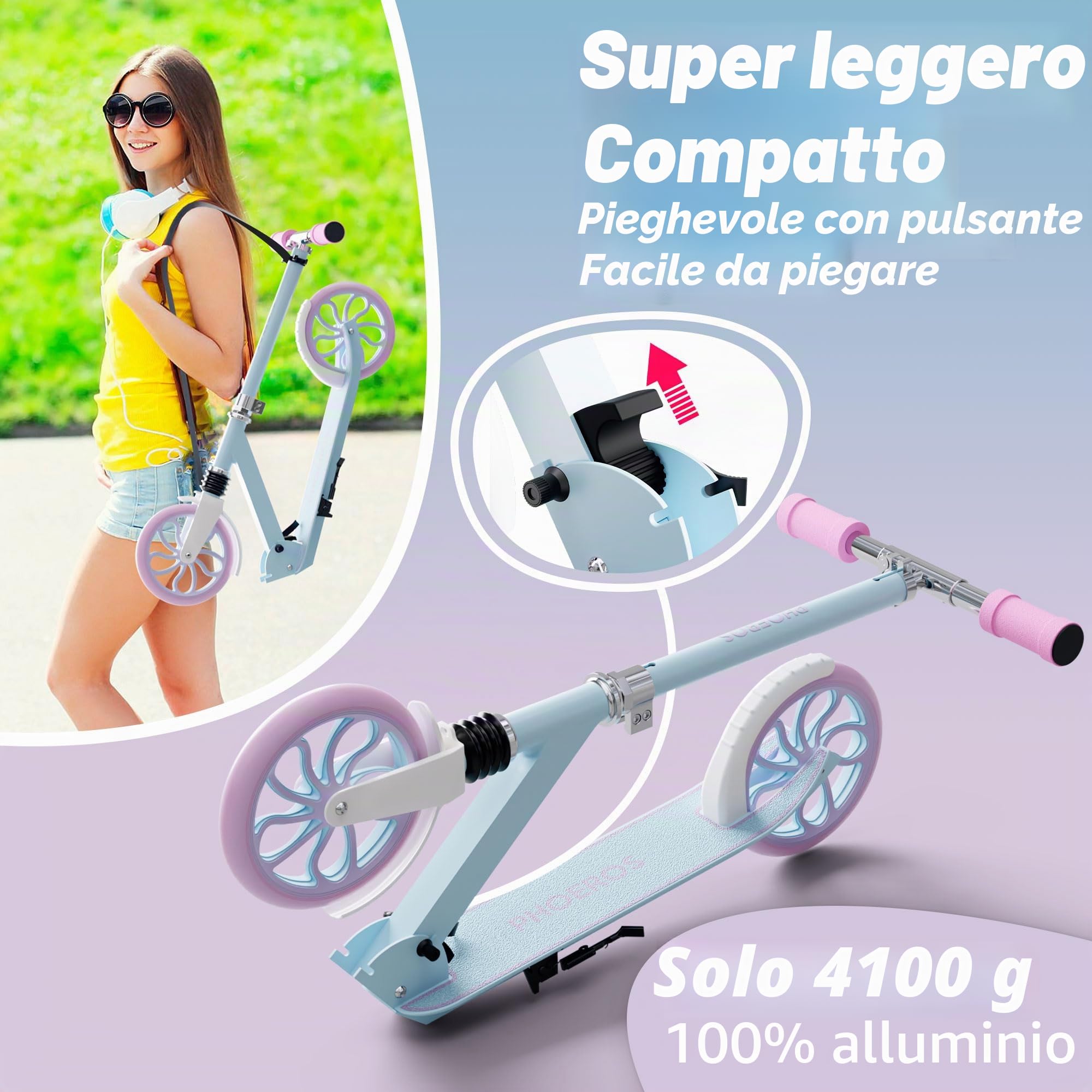 PHOEROS Monopattino per Bambini 6-12 Anni, Adolescenti e Adulti. Monopattino Pieghevole in Alluminio Leggero per Ragazzi, Maschi e Femmine, con Ruote da 200mm, Regolabile in 4 Altezze, Ammortizzatori.