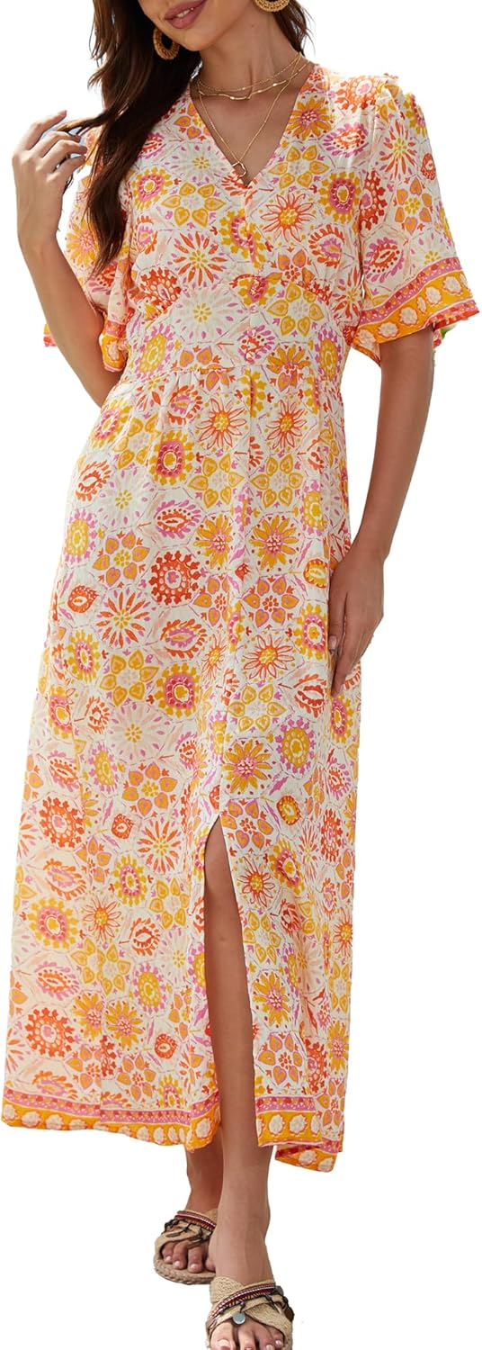Women's V-Neck Short Sleeve Summer Dress, Floral Boho, Casual Style, Sundress Beach Long Maxi Outfits