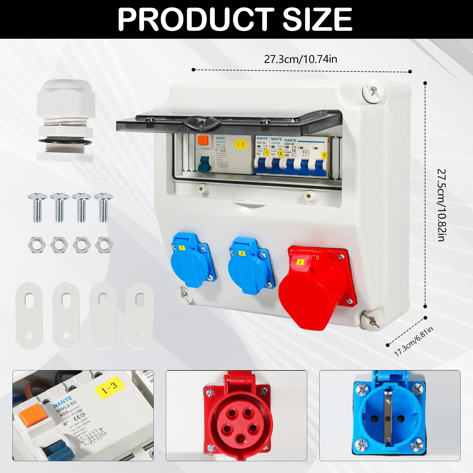 Caja Distribución Montada Superficie, Caja Fusibles Superficie Armario Distribución Ip65 con LS+FI Distribuidor de Corriente CEE 1 x 16 A + 2x 230 V con Tapa de Seguridad para Talleres y Fábricas