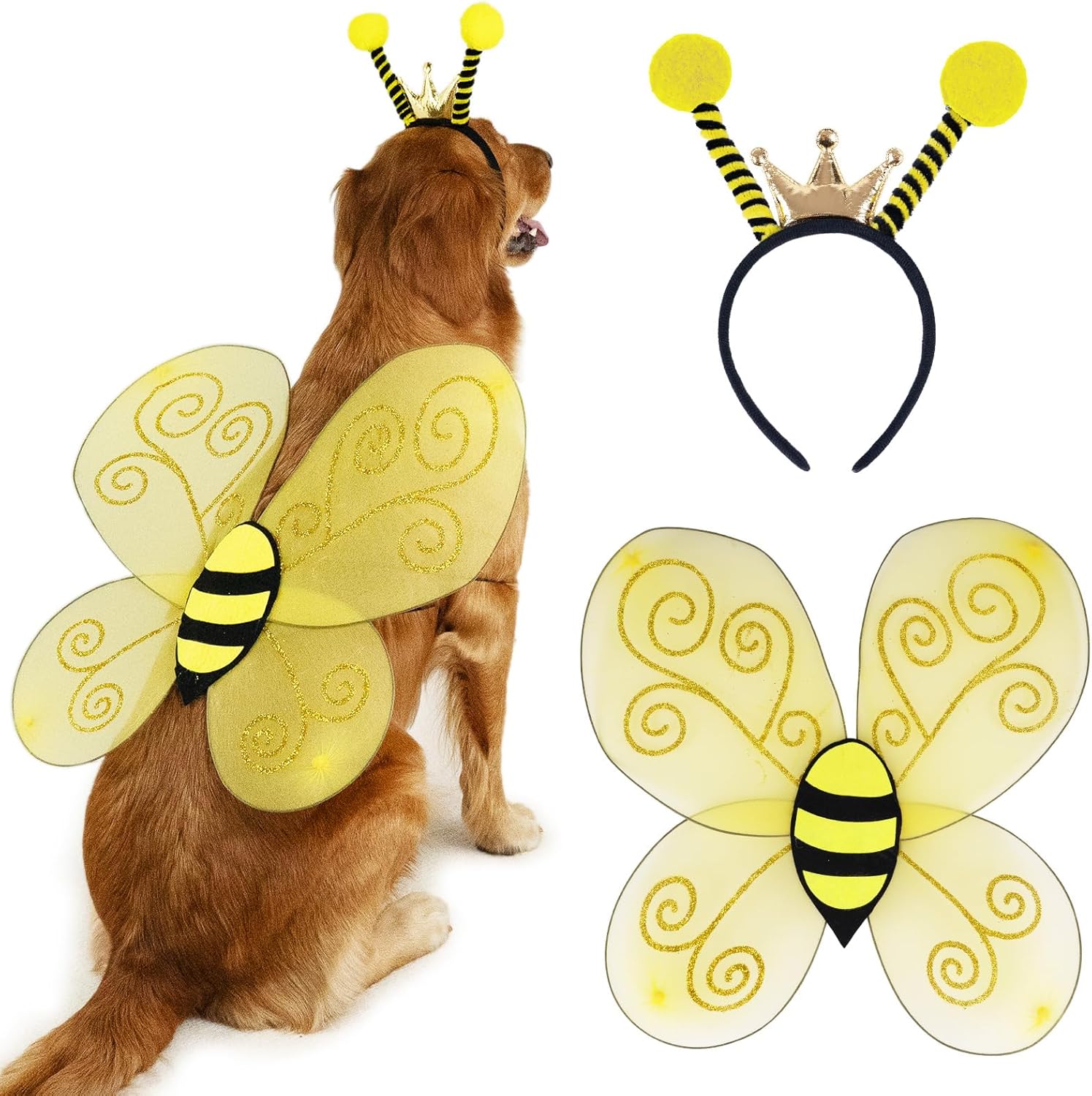 Bee Dog Headband and Wings Costume Set, Bee Wings Headband Accessories for Large Dog Halloween Christmas Birthday Festival Party Cosplay
